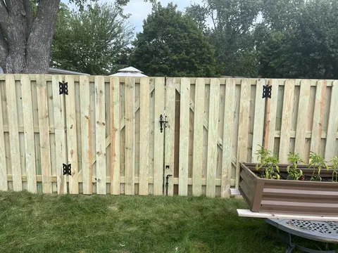Shadowbox gate with butterfly hinges and latch