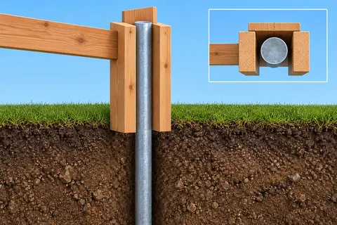 AI concept showing a U-shaped wood box around a round steel support, a horizontal fence rail and a top-view inset of the three-sided box.