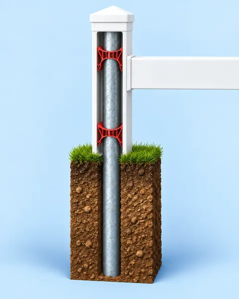 AI concept cutaway of a white vinyl sleeve, composite adapters and a steel pipe extending into soil.