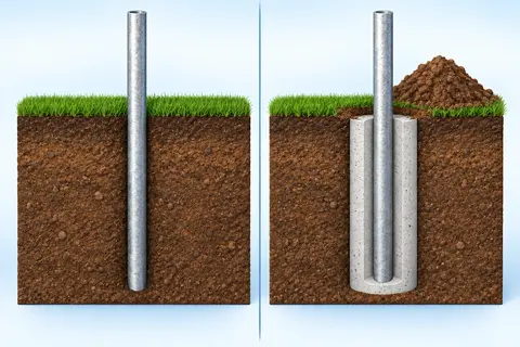 Illustration comparing an undisturbed lawn at a driven steel post with an excavated concrete footing and a pile of removed soil awaiting cleanup.