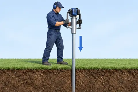 Illustrated installer holding a powered post driver over a steel fence support, with a cutaway showing the post entering soil.