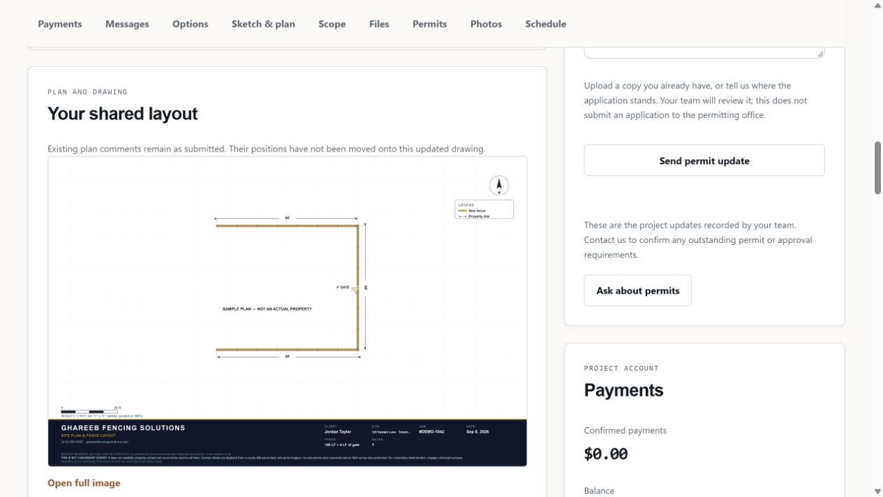 Customer portal demonstration showing a shared sample fence layout and gate location