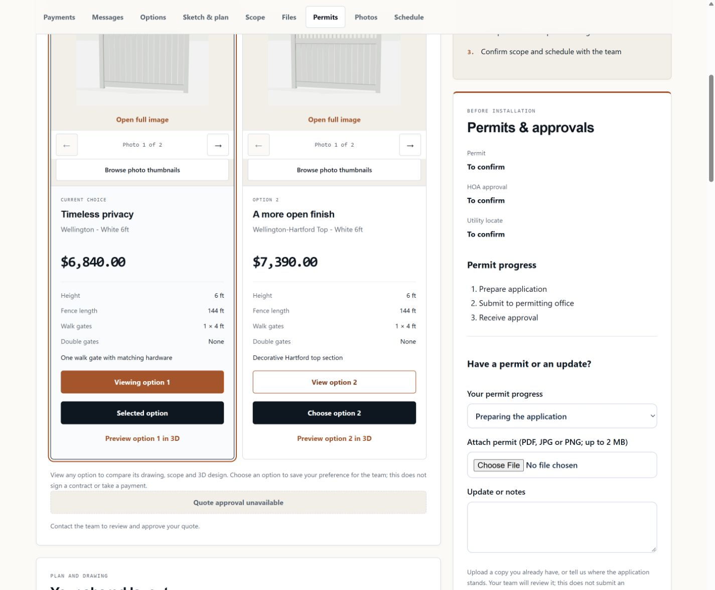Sample portal Permits and approvals section showing statuses to confirm and controls for sharing a permit update.